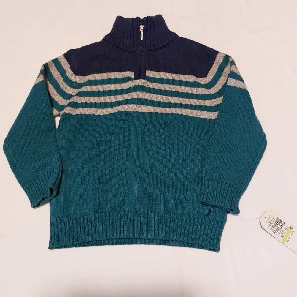 Nautica Half Zippered Pullover Cotton Sweater NEW Boys 4 Striped Gray Blue Green